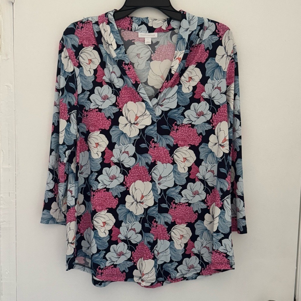 Charter Club Navy Floral Blouse V-Neck 3/4 Sleeve Pink Blue Knit Top 100156608MS